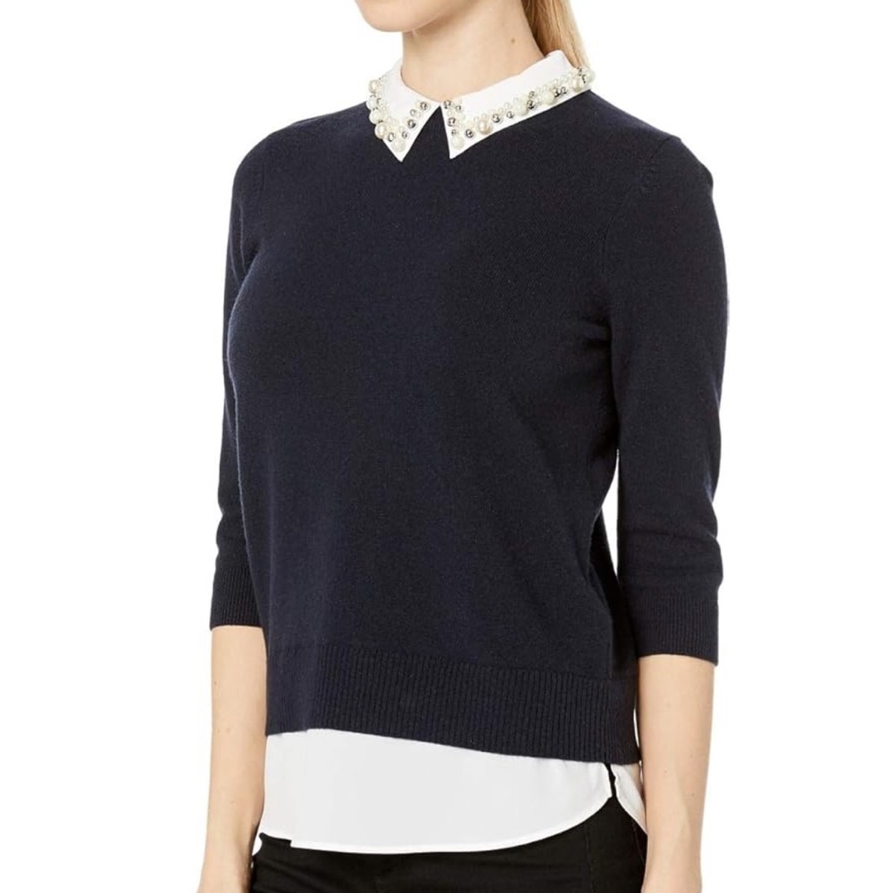 Ted Baker London Lunna Navy Wool Sweater with Pearl Collar